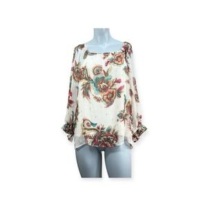Women's JM collection‎ PXL white floral print top gold metallic accents Boho